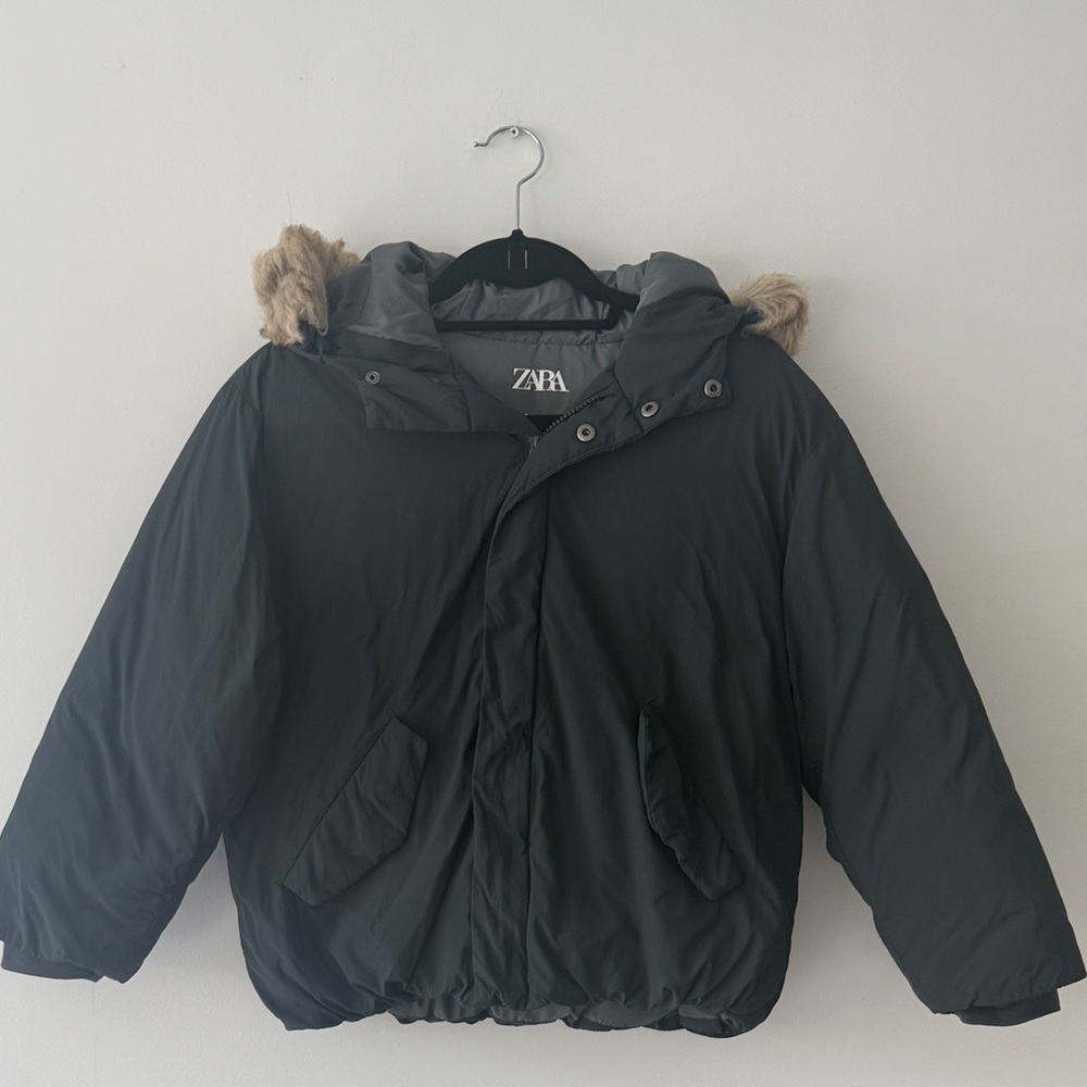 Zara Girls Dark Gray Puffer Coat with Faux Fur Hood